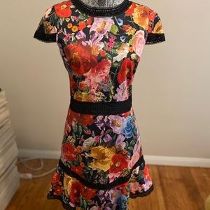 Floral cap sleeve dress w/ semi-sheer black detail